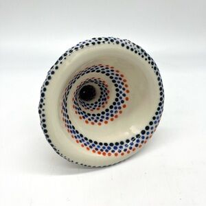 Signed Hand-Painted Porcelain Hirsch Funnel w Blue & Orange Geometric Design